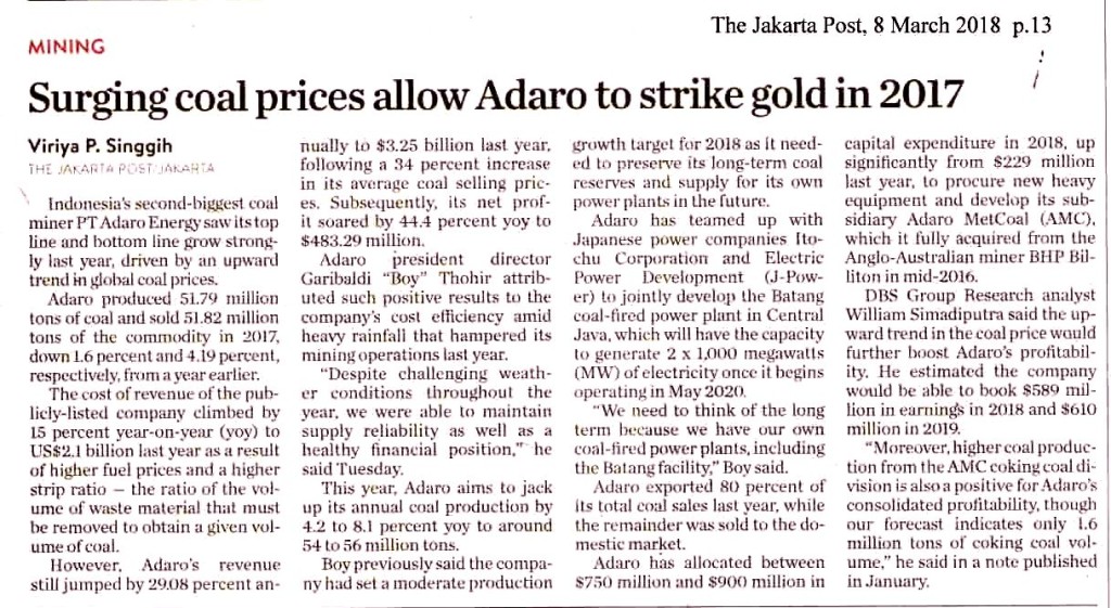 Surging coal prices allow Adaro to strike gold in 2017