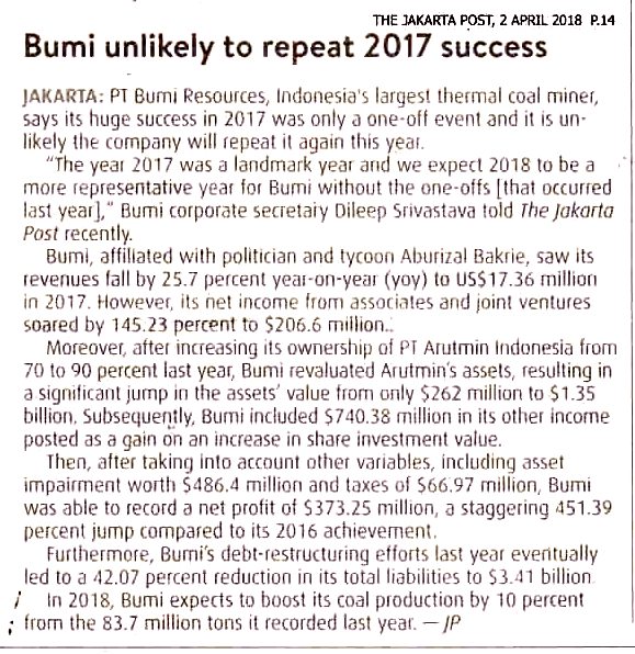 BUMI unlikely to repeat 2017 success