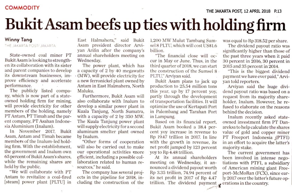 Bukit Asam beefs up ties with holding firm