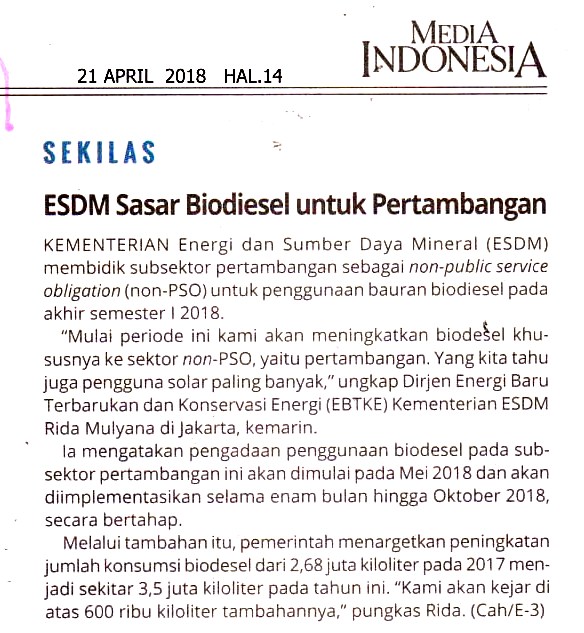 ESDM Sasar Biodiesel untuk Pertambangan