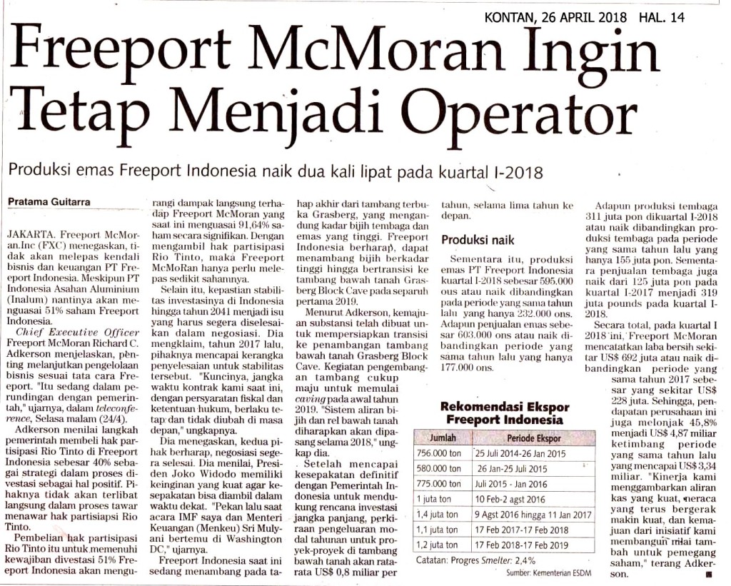 Freeport McMoran Ingin Tetap Menjadi Operator