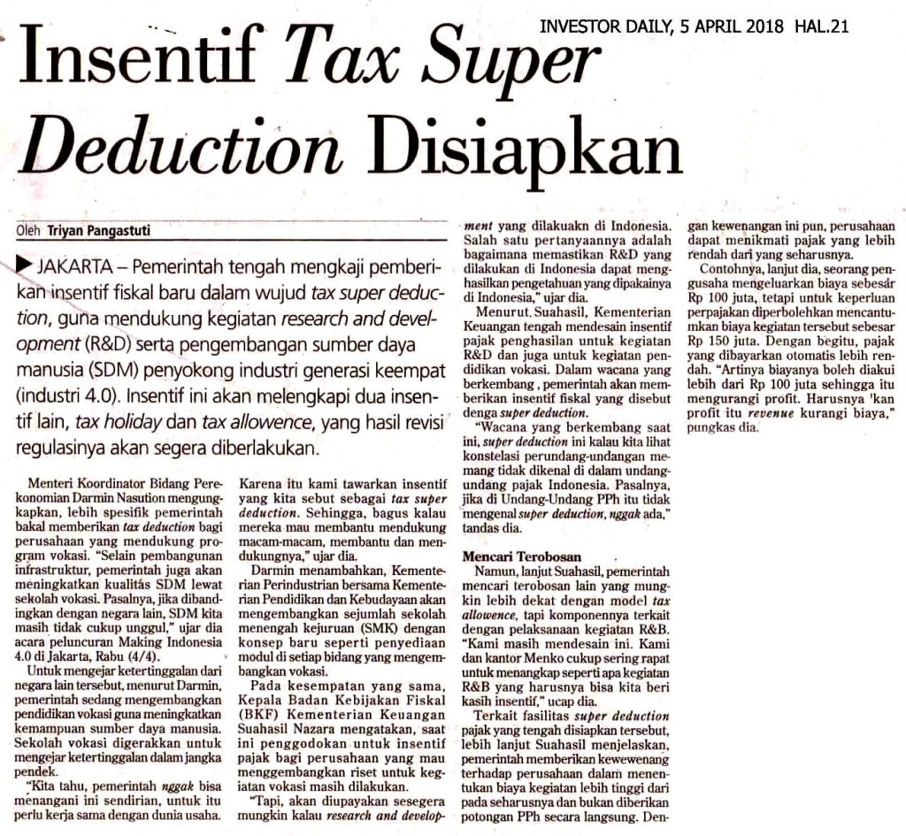 Insentif Tax Super Deduction Disiapkan