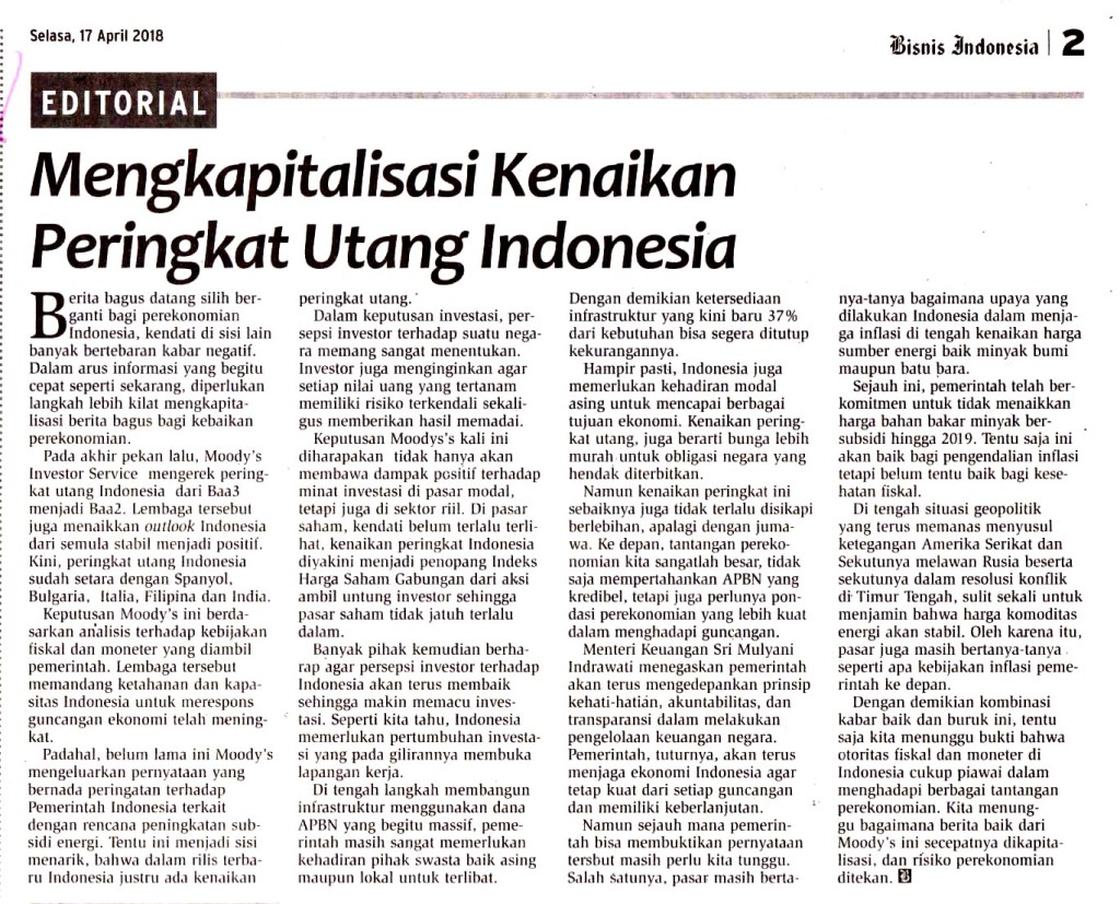 Mengkapitalisasi Kenaikan Peringkat Utang Indonesia
