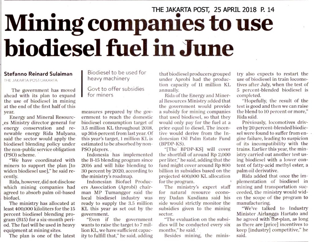 Mining companies to use biodiesel fuel in June