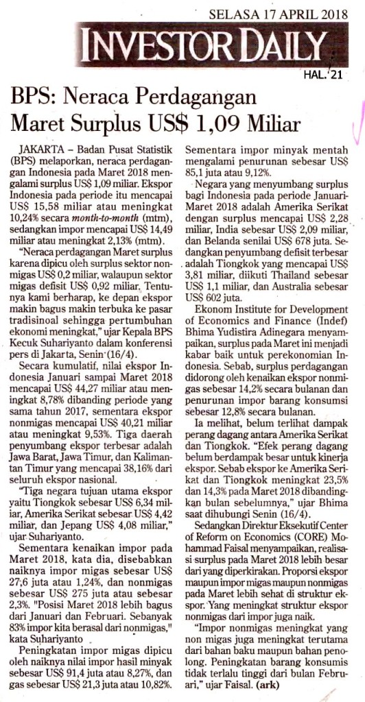 Neraca Perdagangan Maret Surplus US$ 1,09 Miliar