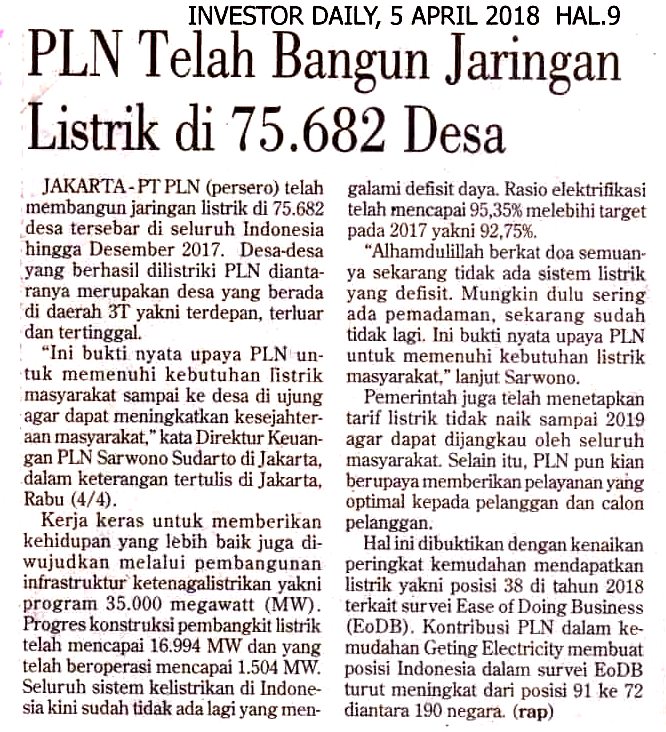 PLN Telah Bangun Jariangan Listrik di 75.682 Desa