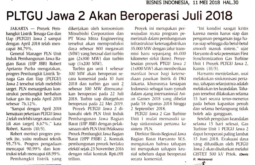 PLTGU Jawa 2 Akan Beroperasi Juli 2018