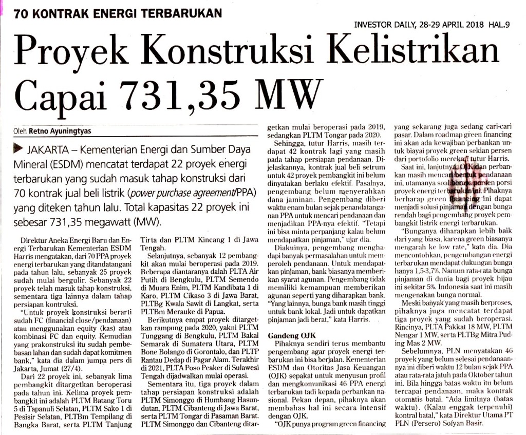 Proyek Konstruksi Kelistrikan Capai 731,35 MW