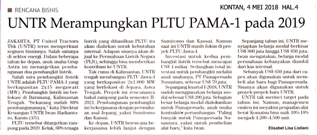 UNTR Merampungkan PLTU PAMA-1 pada 2019