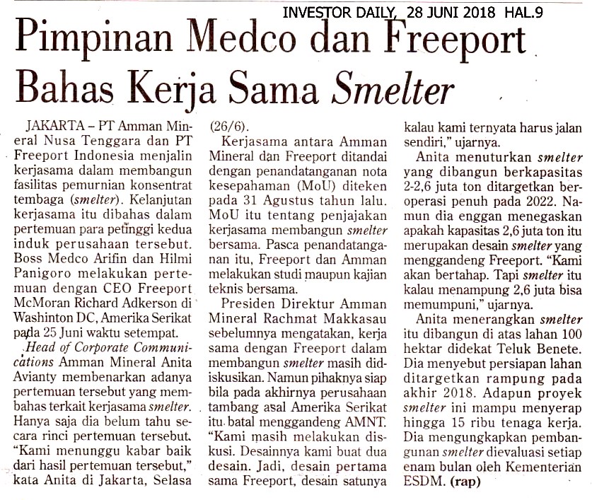 Pimpinan Medco dan Freeport Bahas Kerja Sama Smelter