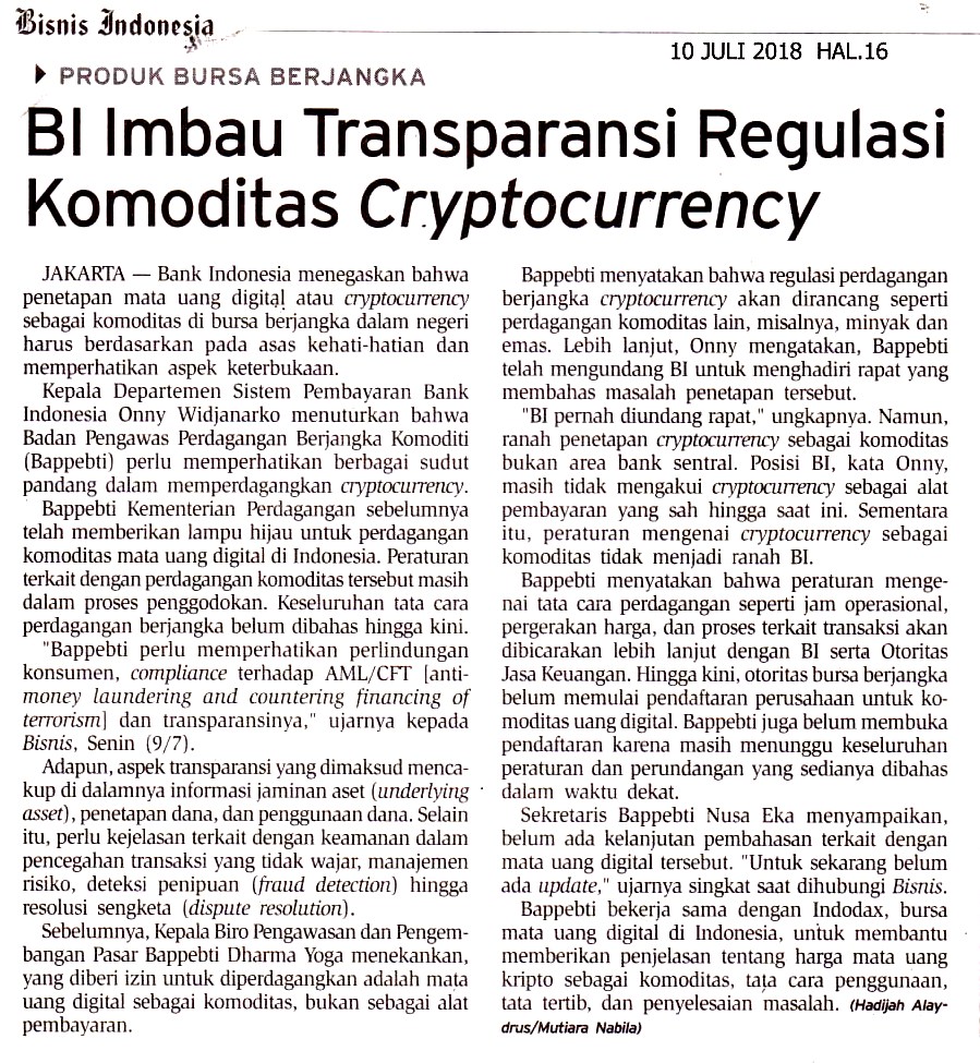BI Imbau Transparansi Regulasi Komoditas Cryptocurrency