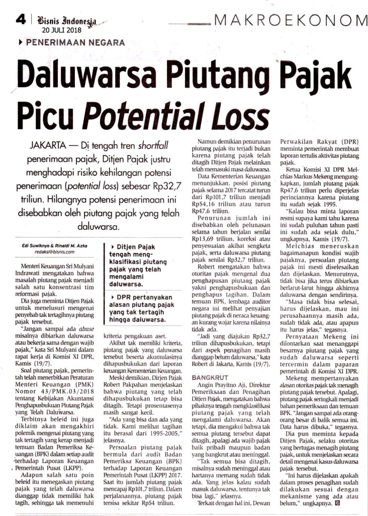 Daluwarsa Piutang Pajak Picu Potential Loss