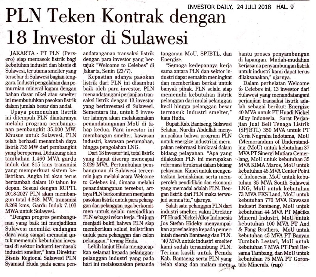 PLN Teken Kontrak dengan  18 Investor di Sulawesi