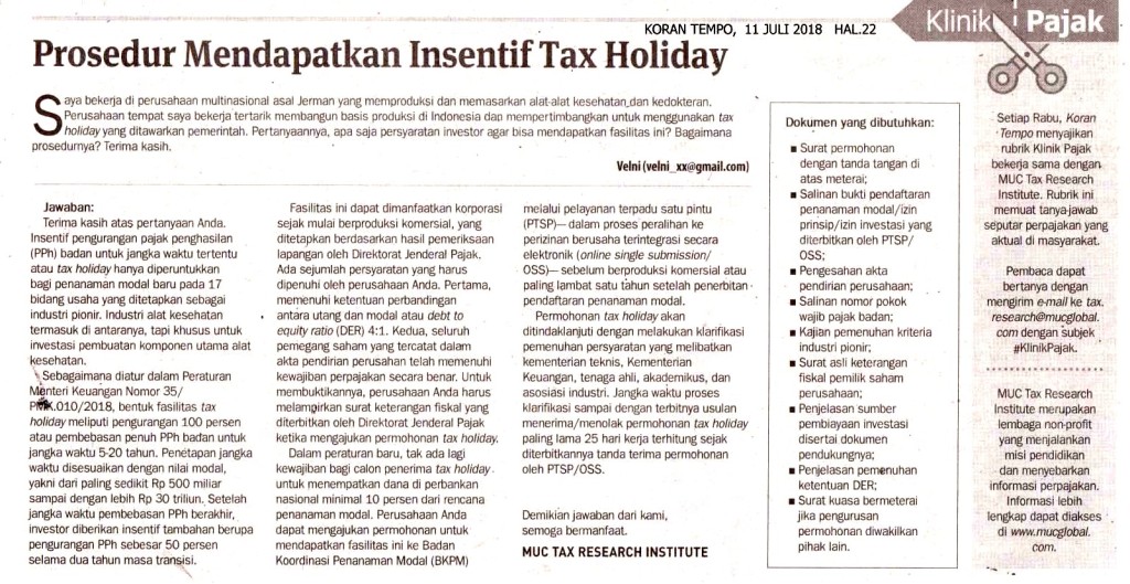 Prosedur  Mendapatkan Insentif Tax Holiday