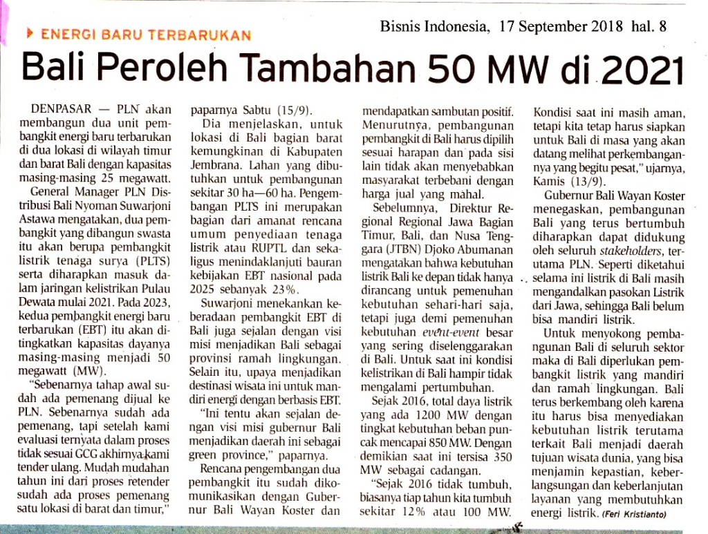 Bali Peroleh Tambahan 50 MW di 2021