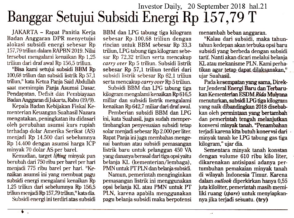 Banggar Setujui Subsidi Energi Rp157