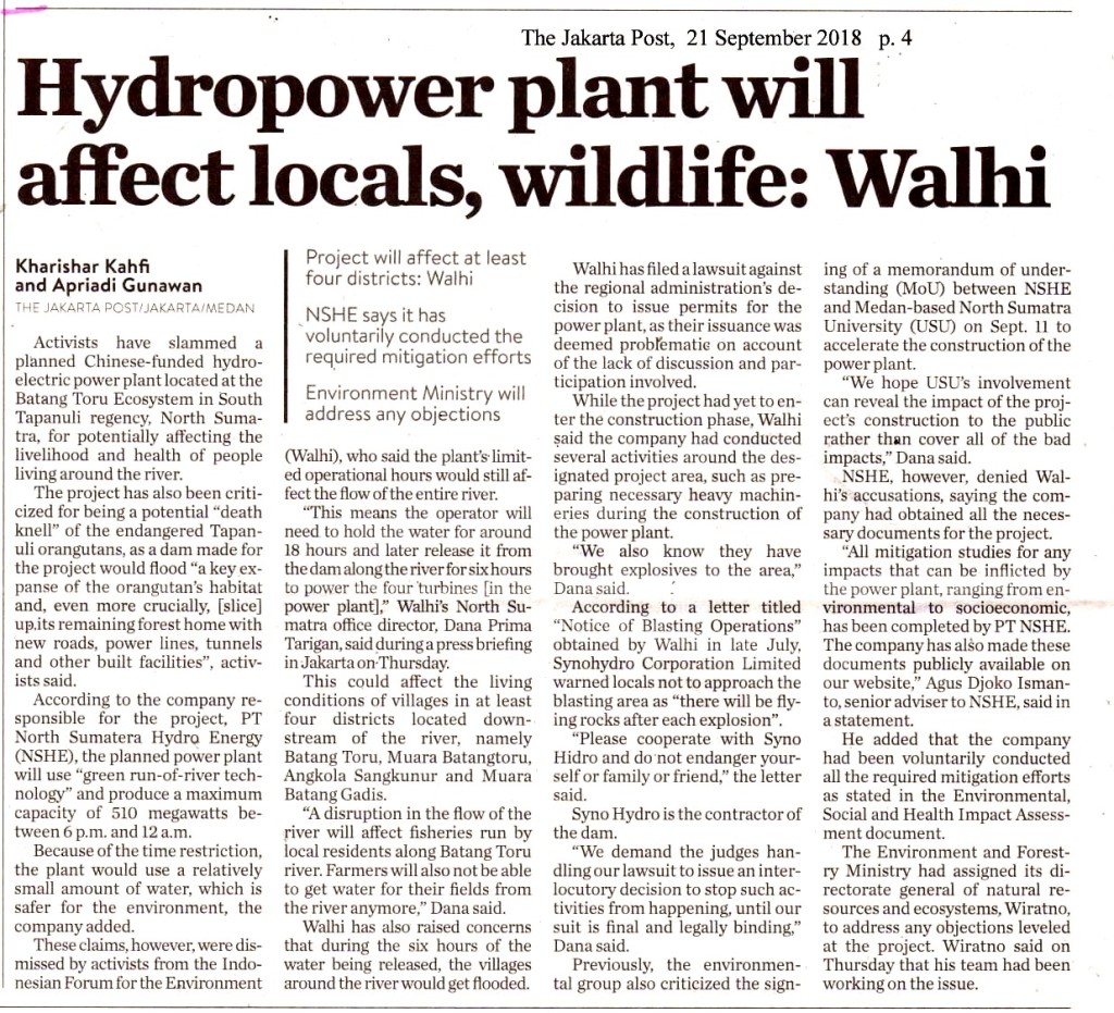 Hidropower plant will affect locals, wildlife___ Walhi