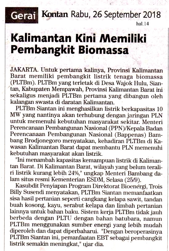 Kalimantan Kini Memiliki Pembangkit Biomassa