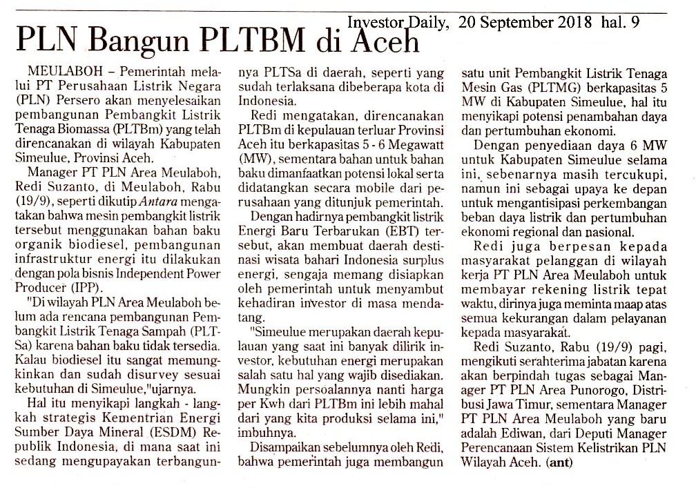 PLN Bangun PLTBM di Aceh
