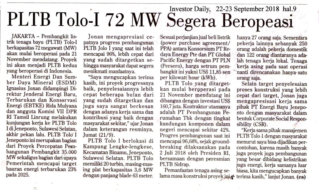 PLTB Tolo-I  72 MW Segera Beroperasi