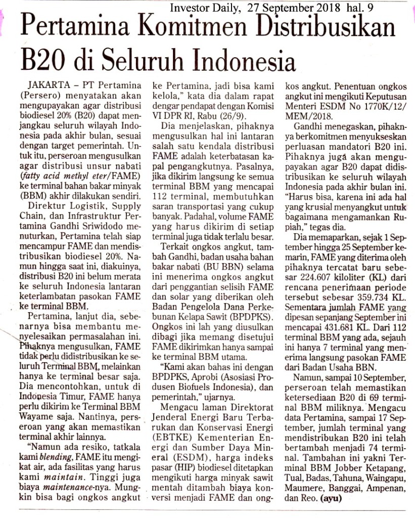 Pertamina Komitmen Distribusi B20 di Seluruh Indonesia