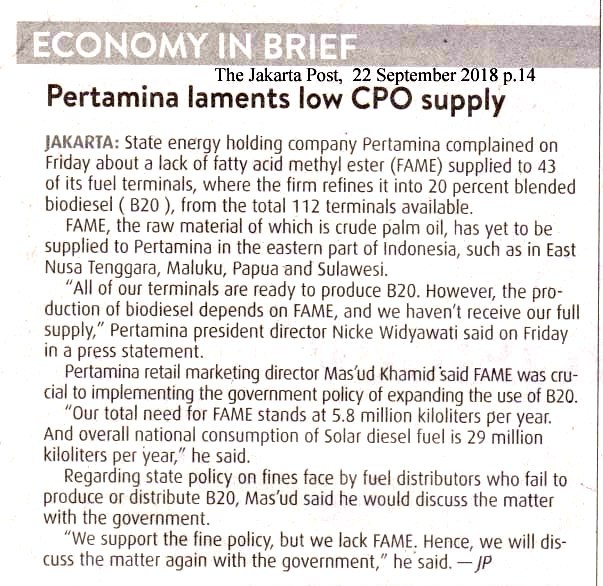 Pertamina lamens low CPO supply