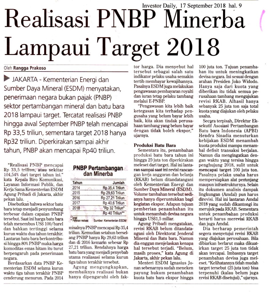 Realisasi PNBP Minerba Lampaui Target 2018