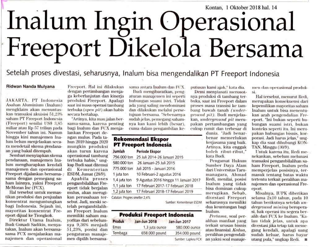 Inalum Ingin Operasional Freeport Dikelola Bersama