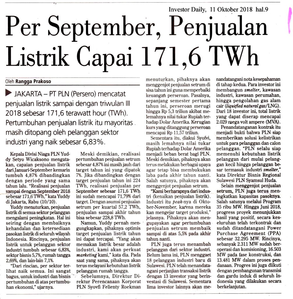 Per September,  Penjualan Listrik Capai 171,6 TWh