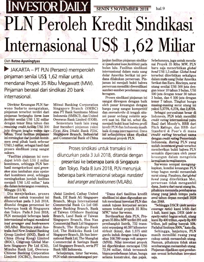 PLN Peroleh Kredit Sindikasi Internasional US$1,62 Miliar